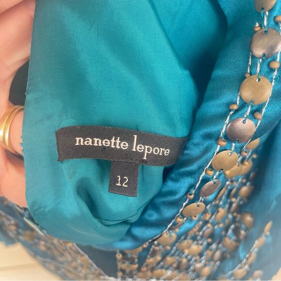 Nanette Lepore Darjeeling Teal Bronze Beaded Embellished Boho Silk Dress Size 12 - Picture 12 of 15